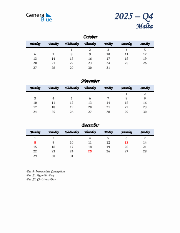 October, November, and December Calendar for Malta with Monday Start