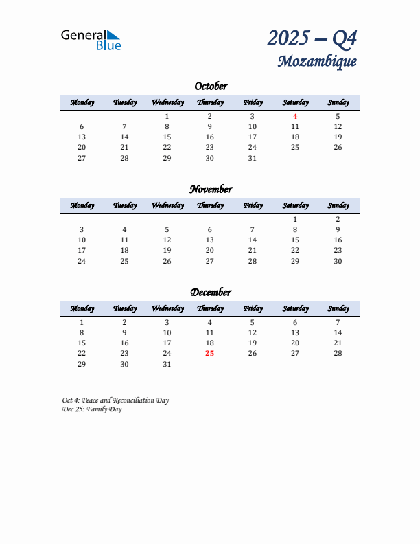 October, November, and December Calendar for Mozambique with Monday Start