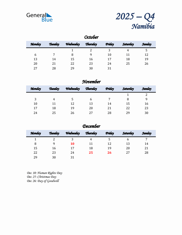 October, November, and December Calendar for Namibia with Monday Start