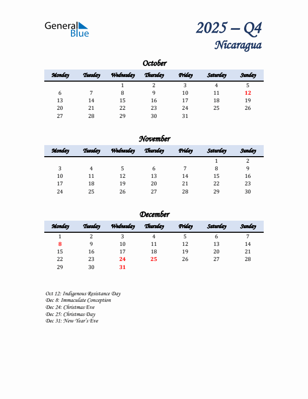 October, November, and December Calendar for Nicaragua with Monday Start