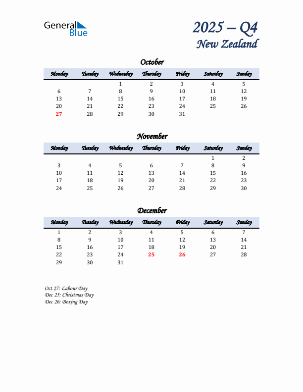 October, November, and December Calendar for New Zealand with Monday Start