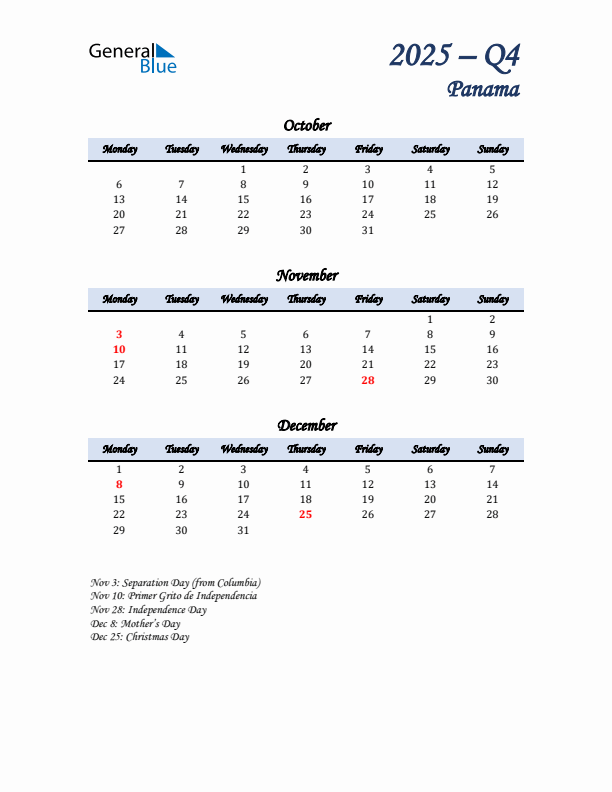 October, November, and December Calendar for Panama with Monday Start