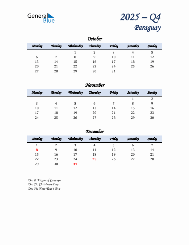 October, November, and December Calendar for Paraguay with Monday Start