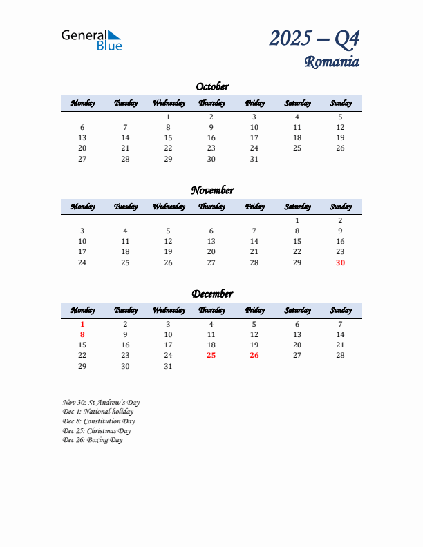 October, November, and December Calendar for Romania with Monday Start