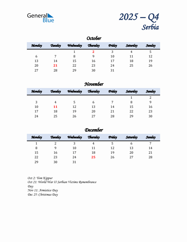 October, November, and December Calendar for Serbia with Monday Start