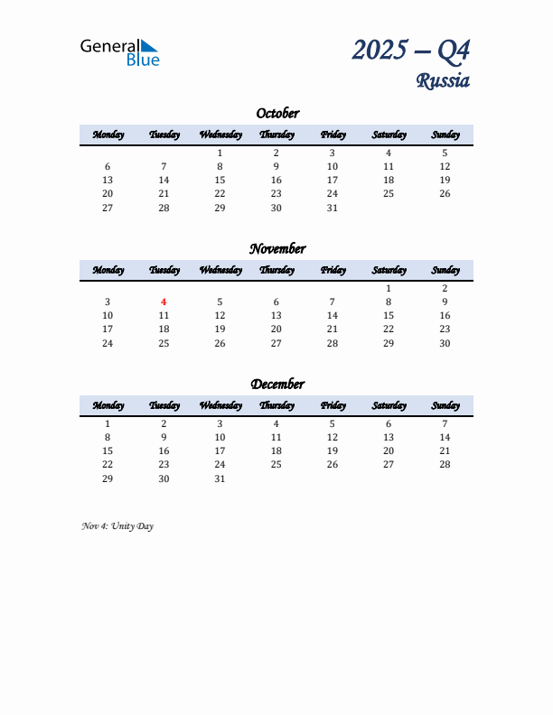 October, November, and December Calendar for Russia with Monday Start