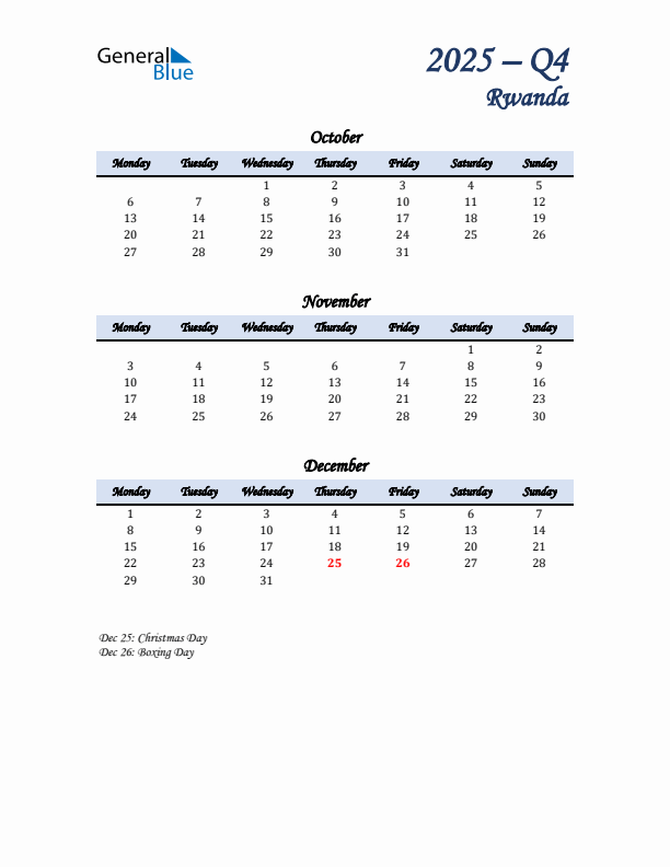 October, November, and December Calendar for Rwanda with Monday Start