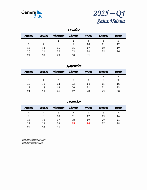 October, November, and December Calendar for Saint Helena with Monday Start