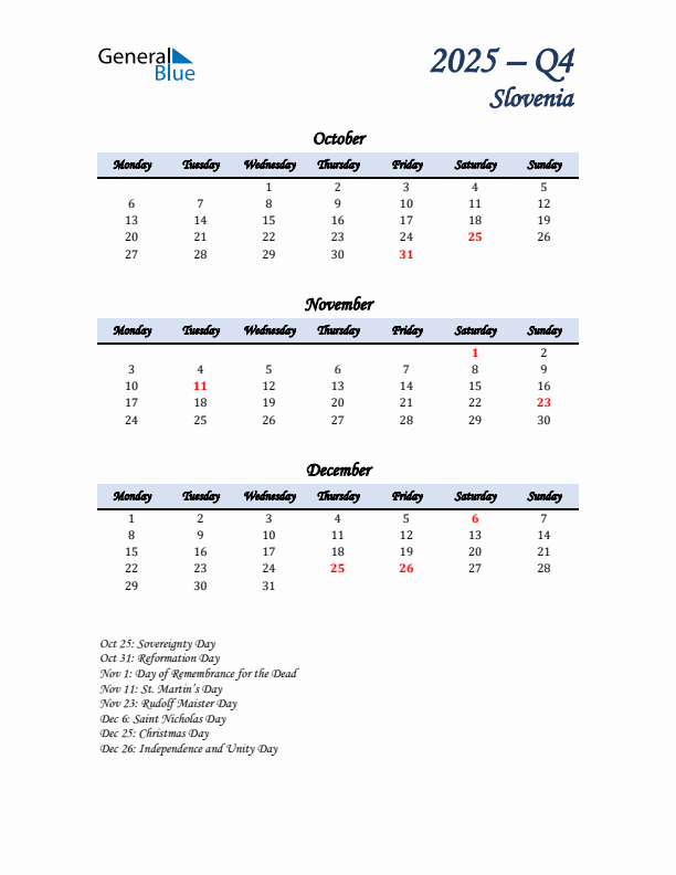 October, November, and December Calendar for Slovenia with Monday Start