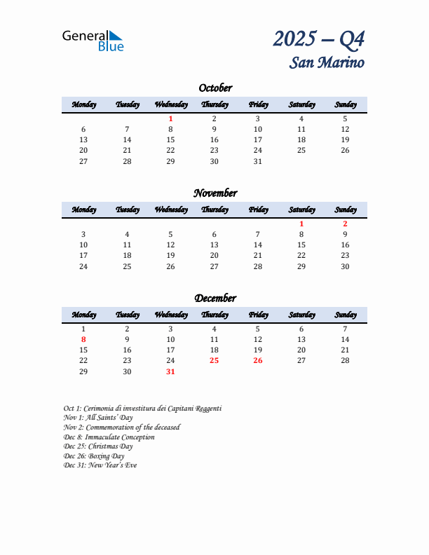 October, November, and December Calendar for San Marino with Monday Start