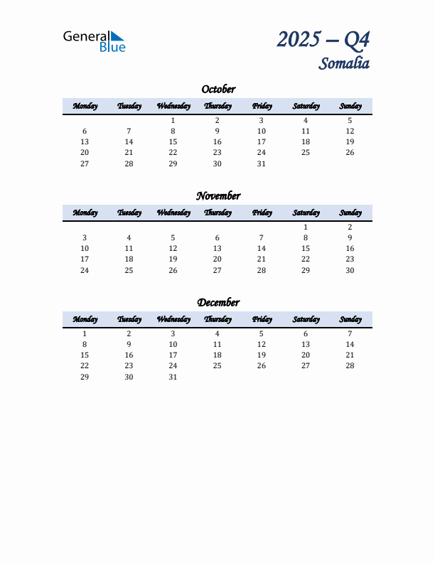 October, November, and December Calendar for Somalia with Monday Start