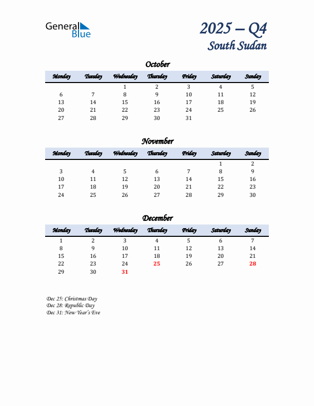 October, November, and December Calendar for South Sudan with Monday Start