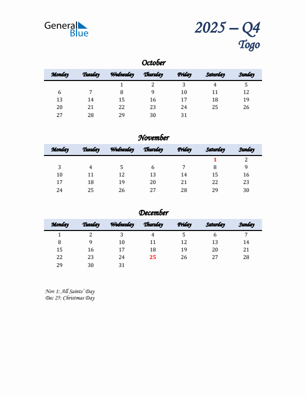 October, November, and December Calendar for Togo with Monday Start