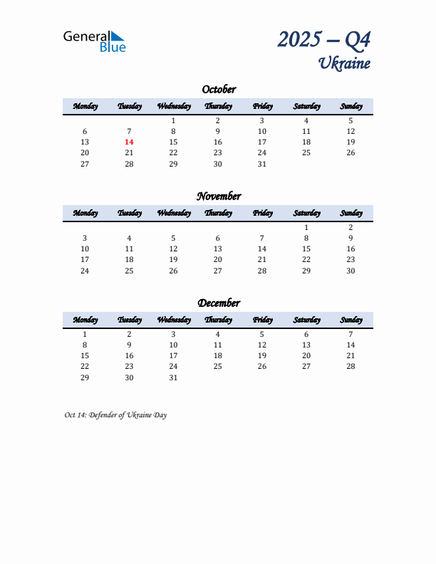 October, November, and December Calendar for Ukraine with Monday Start