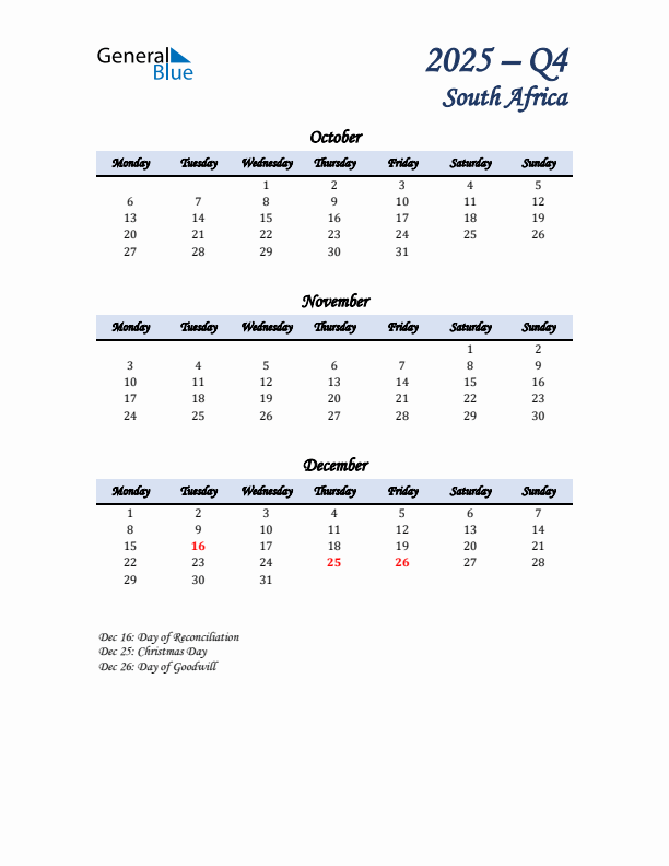 October, November, and December Calendar for South Africa with Monday Start