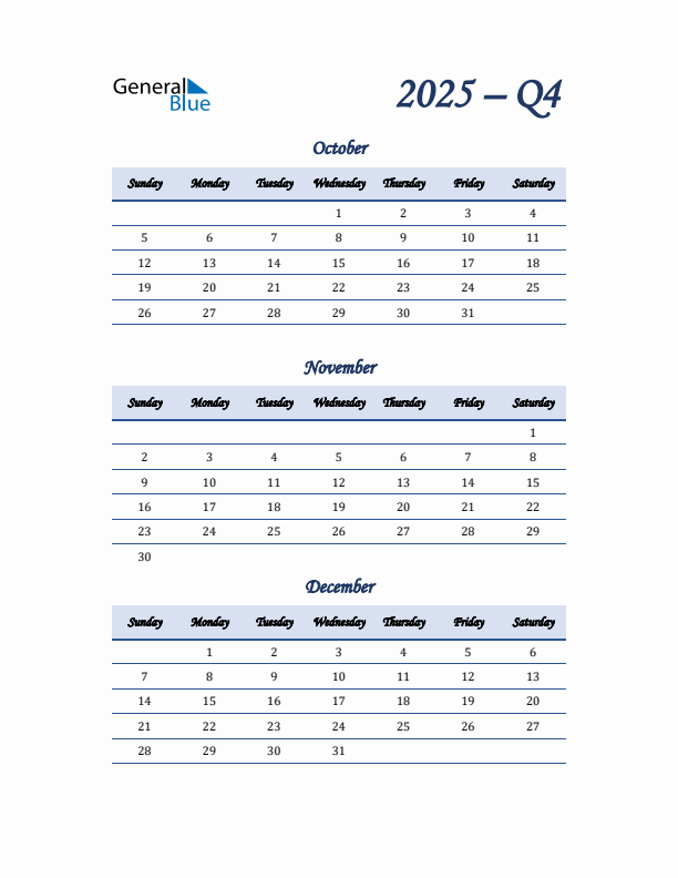 Sunday Start 2025 Quarterly Calendar