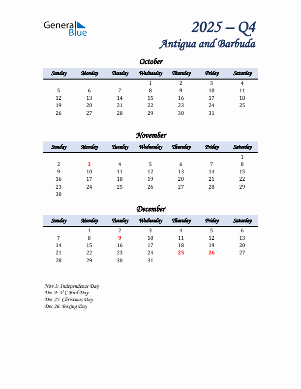 October, November, and December Calendar for Antigua and Barbuda with Sunday Start