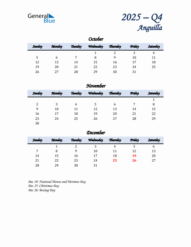 October, November, and December Calendar for Anguilla with Sunday Start