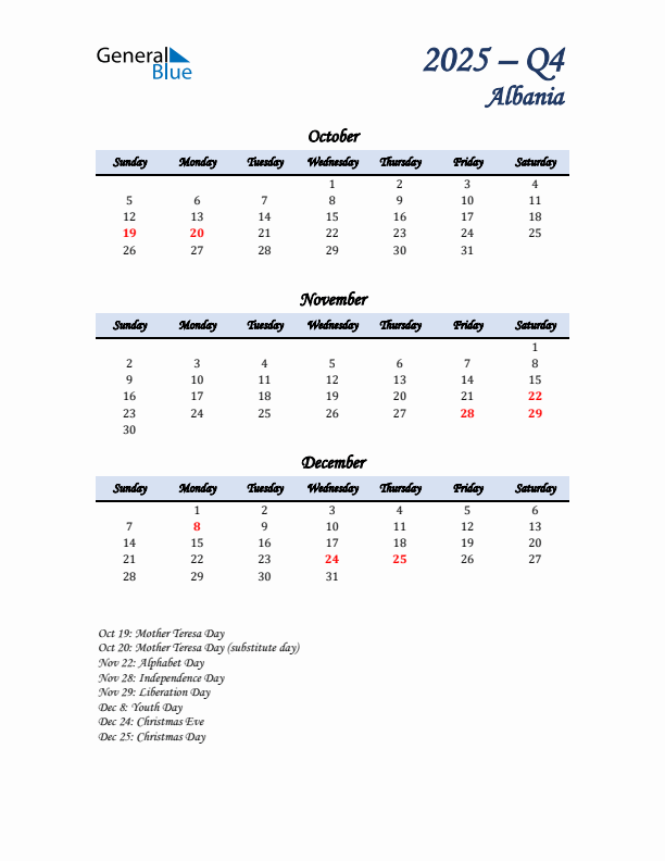 October, November, and December Calendar for Albania with Sunday Start