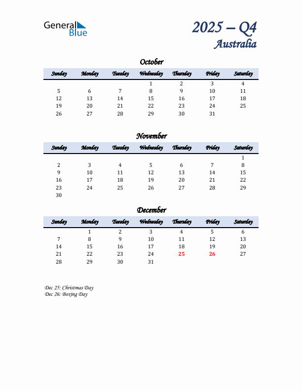 October, November, and December Calendar for Australia with Sunday Start