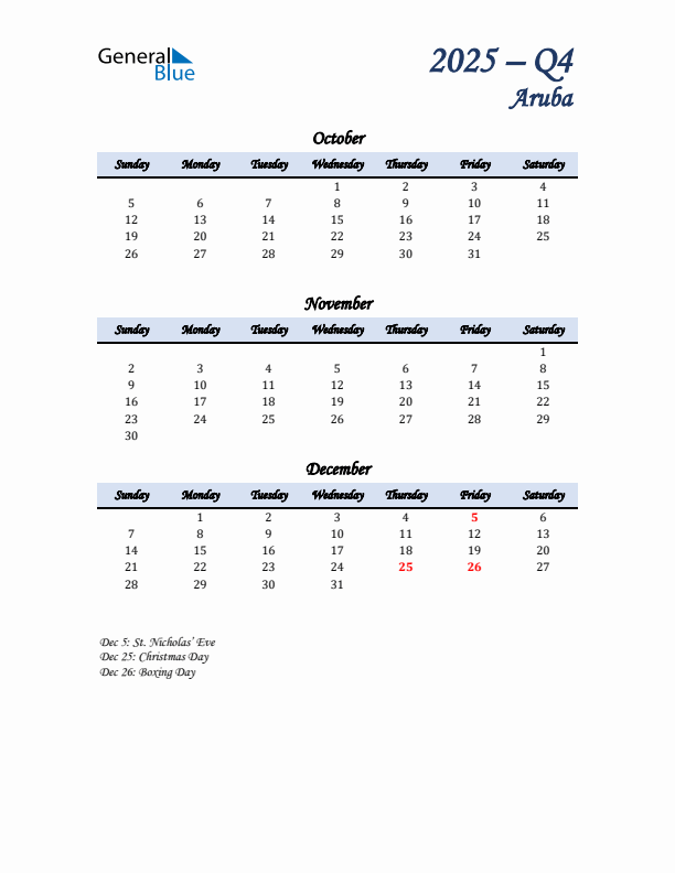 October, November, and December Calendar for Aruba with Sunday Start