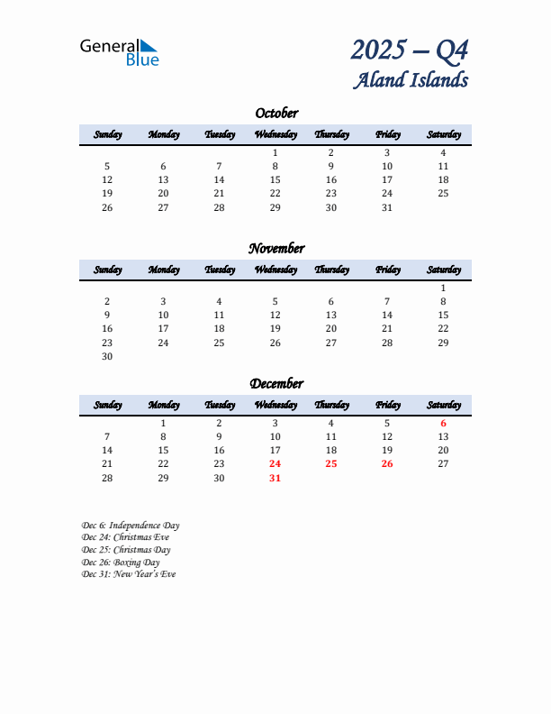 October, November, and December Calendar for Aland Islands with Sunday Start