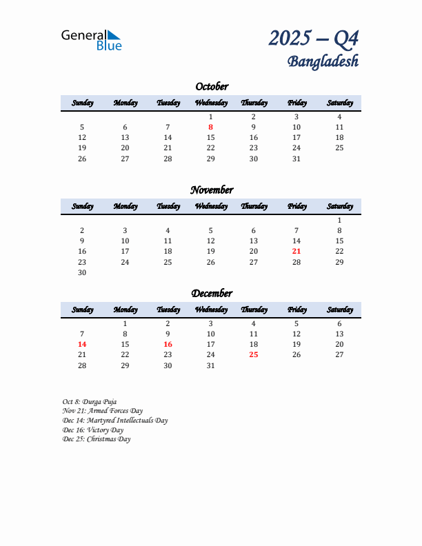 October, November, and December Calendar for Bangladesh with Sunday Start