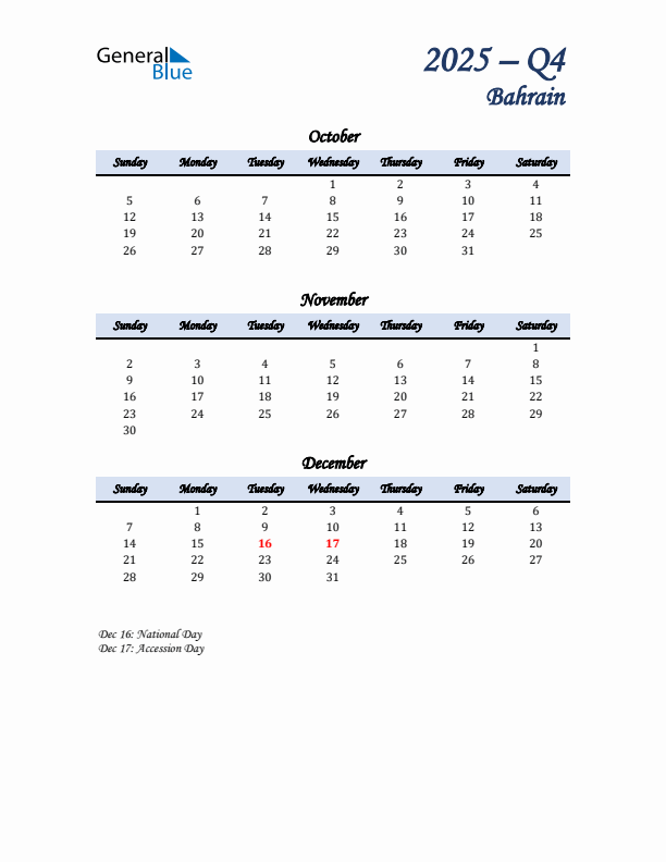 October, November, and December Calendar for Bahrain with Sunday Start