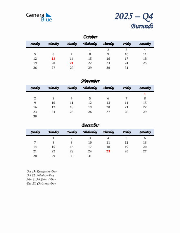 October, November, and December Calendar for Burundi with Sunday Start