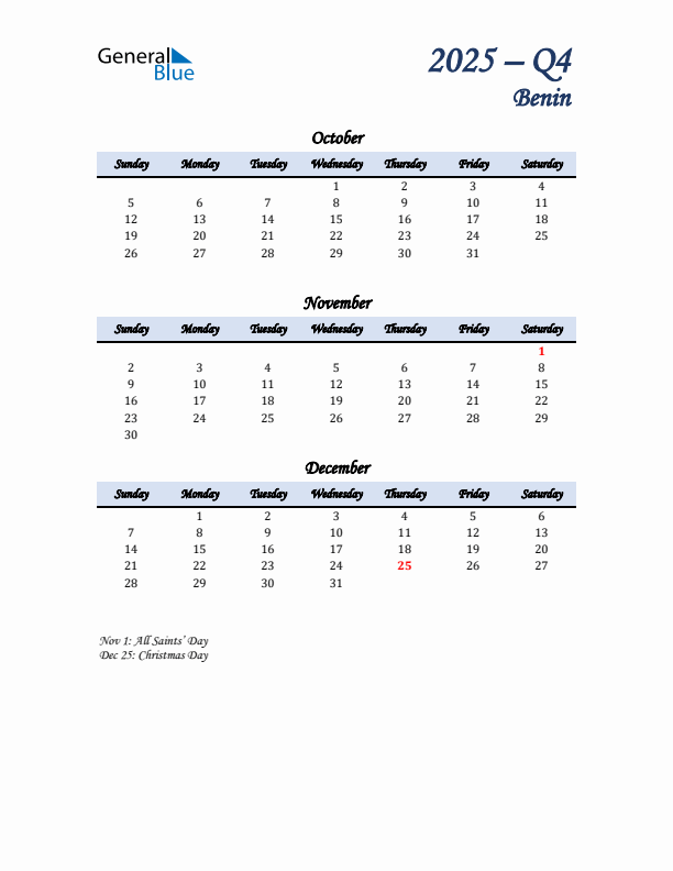 October, November, and December Calendar for Benin with Sunday Start