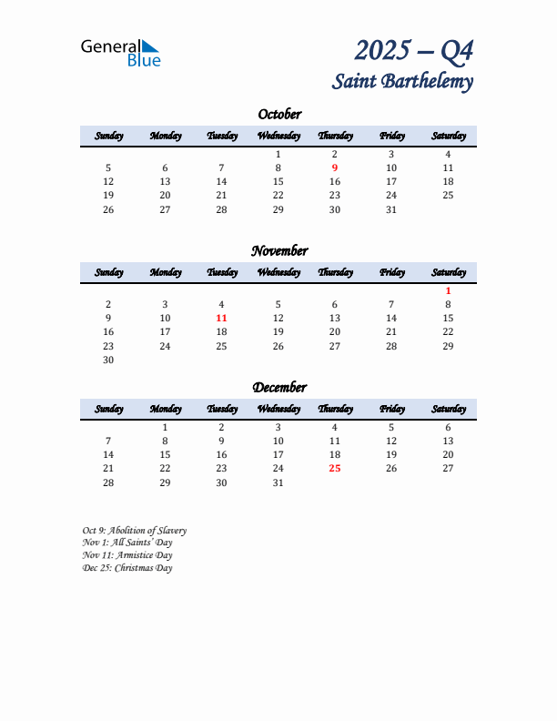 October, November, and December Calendar for Saint Barthelemy with Sunday Start