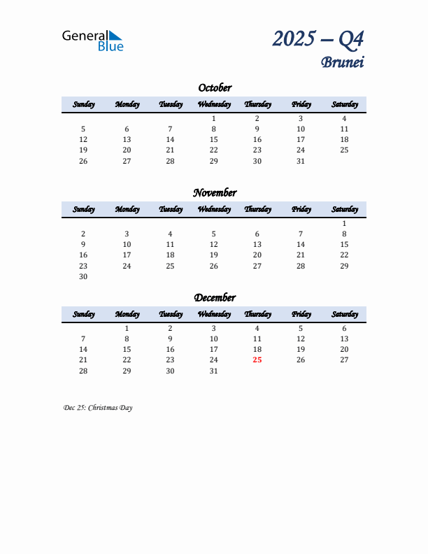 October, November, and December Calendar for Brunei with Sunday Start