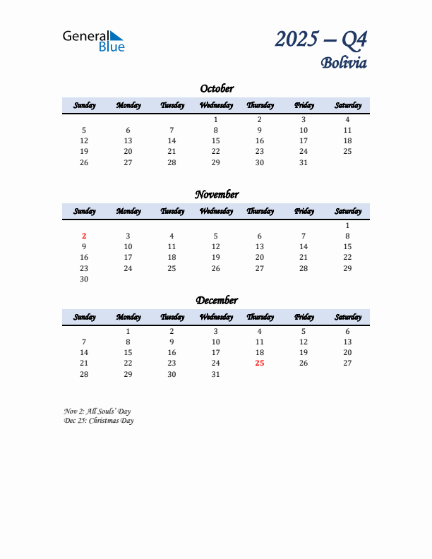 October, November, and December Calendar for Bolivia with Sunday Start