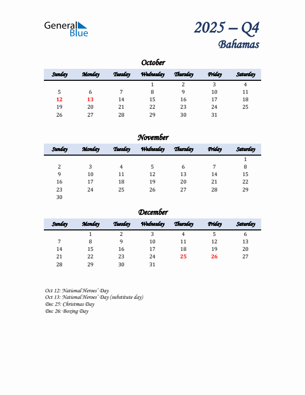 October, November, and December Calendar for Bahamas with Sunday Start