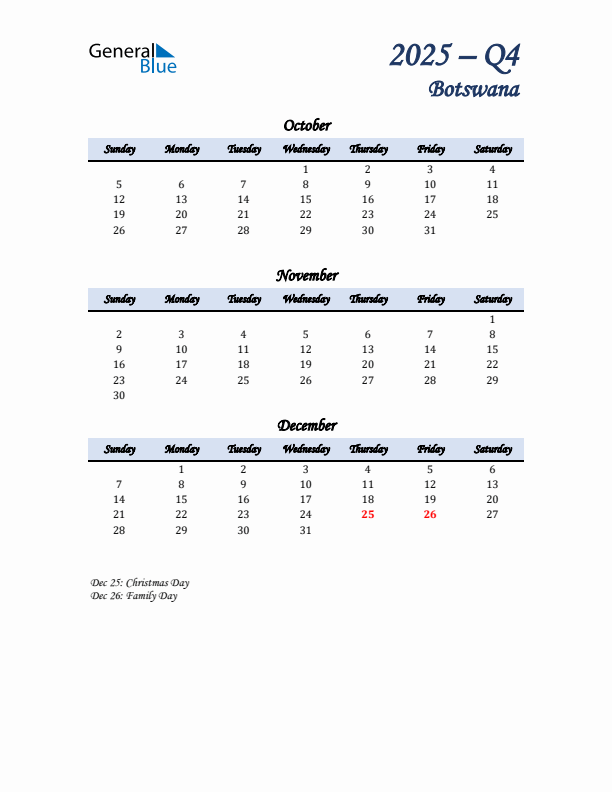 October, November, and December Calendar for Botswana with Sunday Start