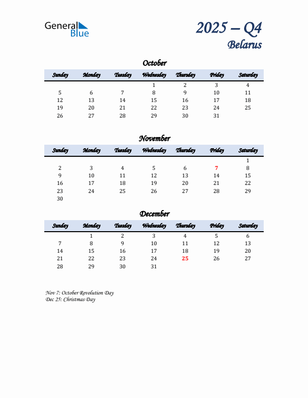 October, November, and December Calendar for Belarus with Sunday Start