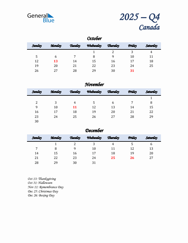 October, November, and December Calendar for Canada with Sunday Start