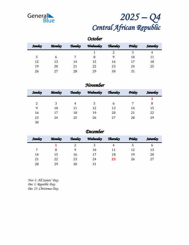 October, November, and December Calendar for Central African Republic with Sunday Start