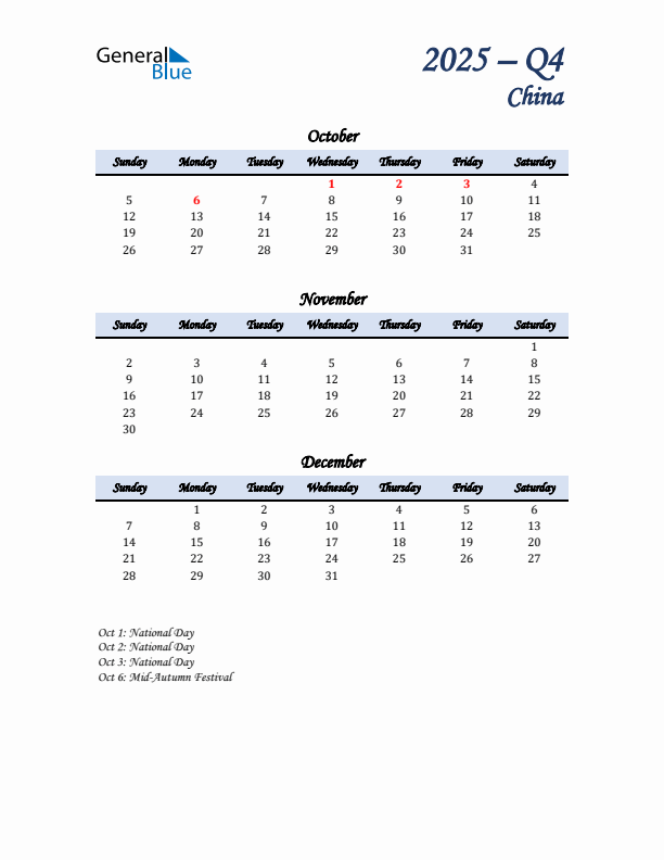 October, November, and December Calendar for China with Sunday Start