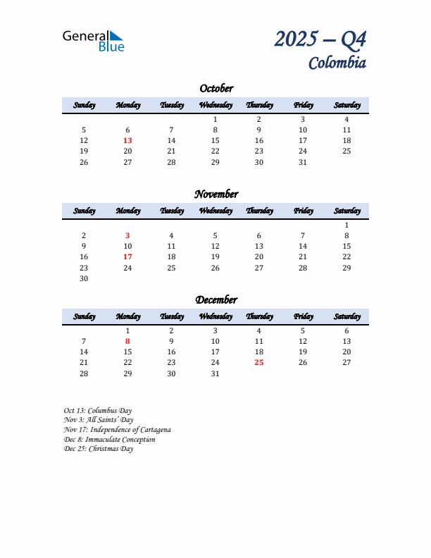 October, November, and December Calendar for Colombia with Sunday Start