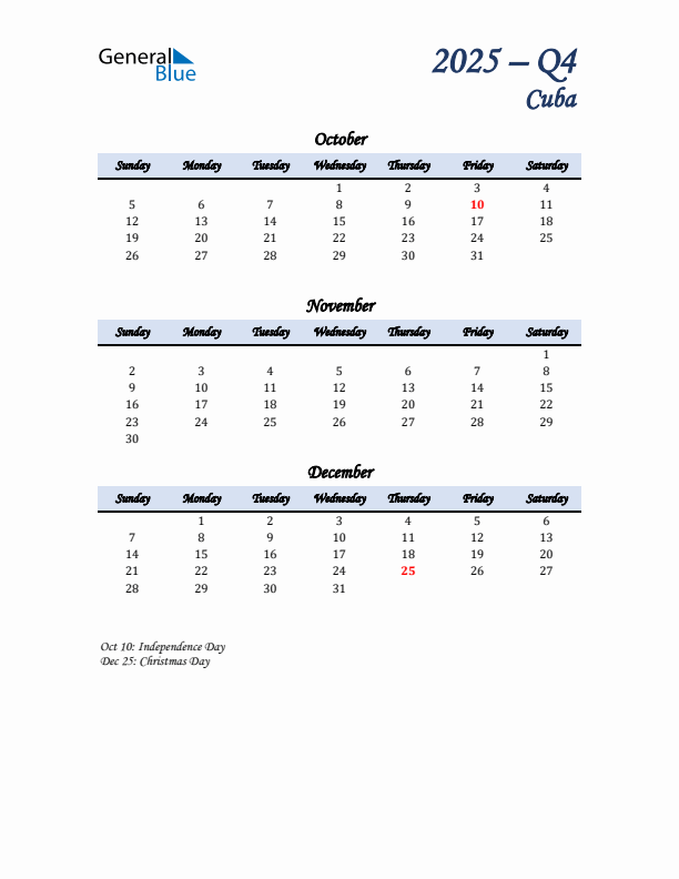 October, November, and December Calendar for Cuba with Sunday Start