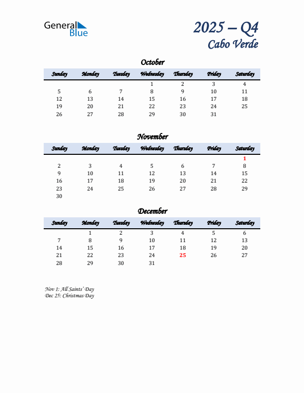 October, November, and December Calendar for Cabo Verde with Sunday Start