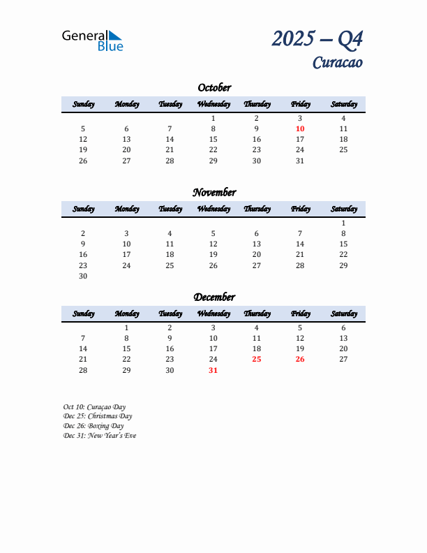 October, November, and December Calendar for Curacao with Sunday Start