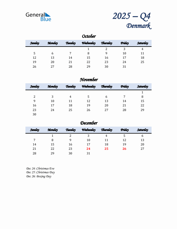 October, November, and December Calendar for Denmark with Sunday Start