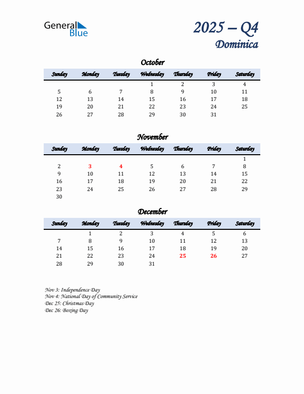 October, November, and December Calendar for Dominica with Sunday Start