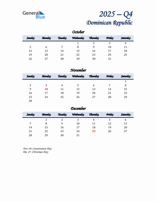 October, November, and December Calendar for Dominican Republic with Sunday Start