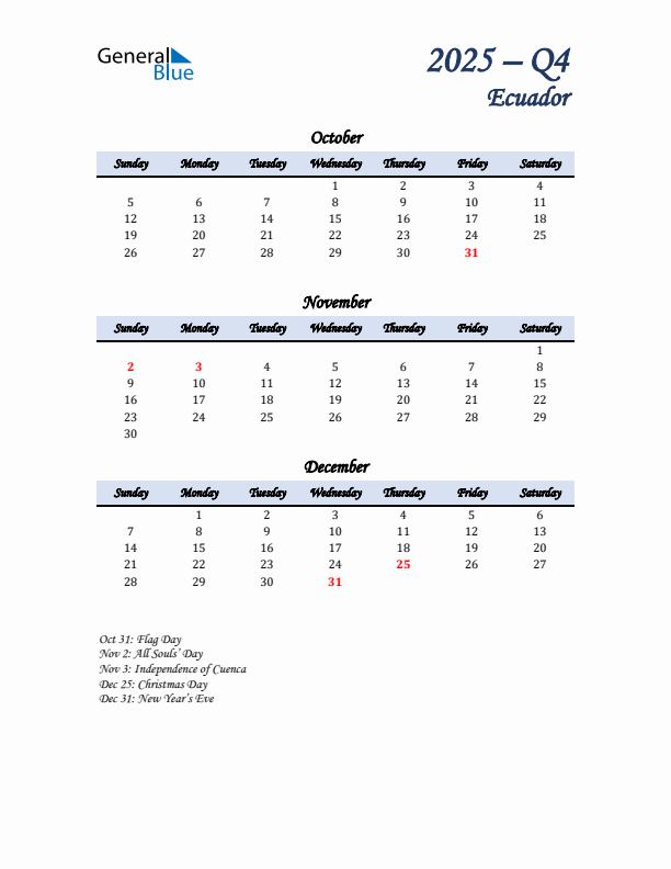 October, November, and December Calendar for Ecuador with Sunday Start