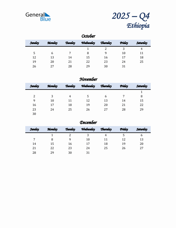 October, November, and December Calendar for Ethiopia with Sunday Start