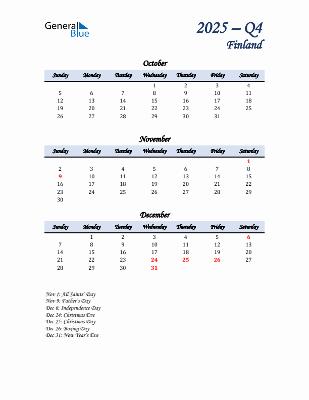 October, November, and December Calendar for Finland with Sunday Start