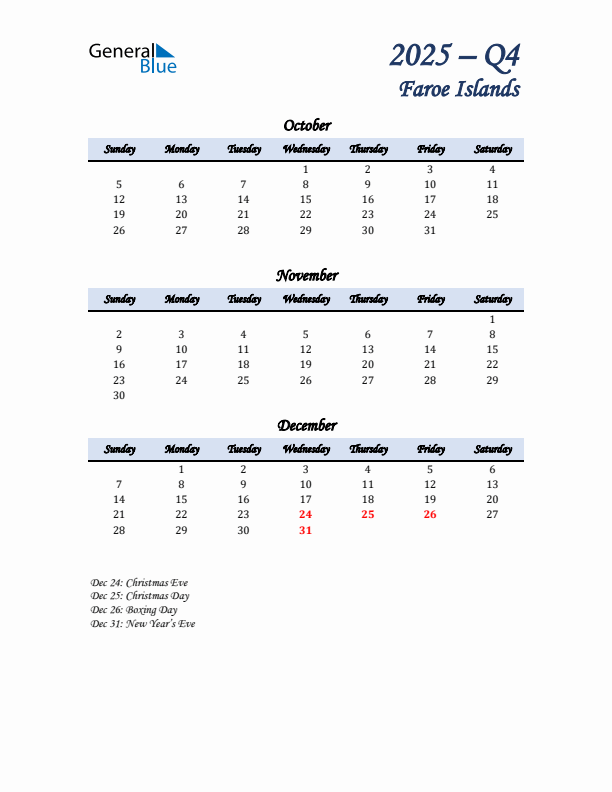 October, November, and December Calendar for Faroe Islands with Sunday Start